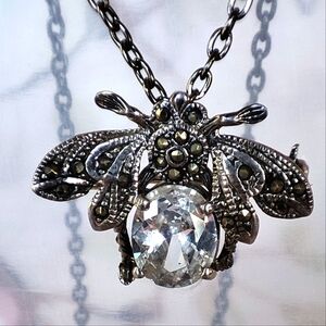 Bee Sterling 925 Signed Clear Cubic Zirconia Brooch Pendant Bug Insect Fly